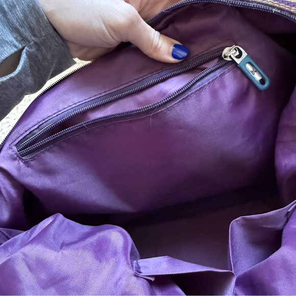 Longchamp 1948 Purple Jacquard Travel Bag Leather Trim Weekender Duffle - Picture 7 of 8